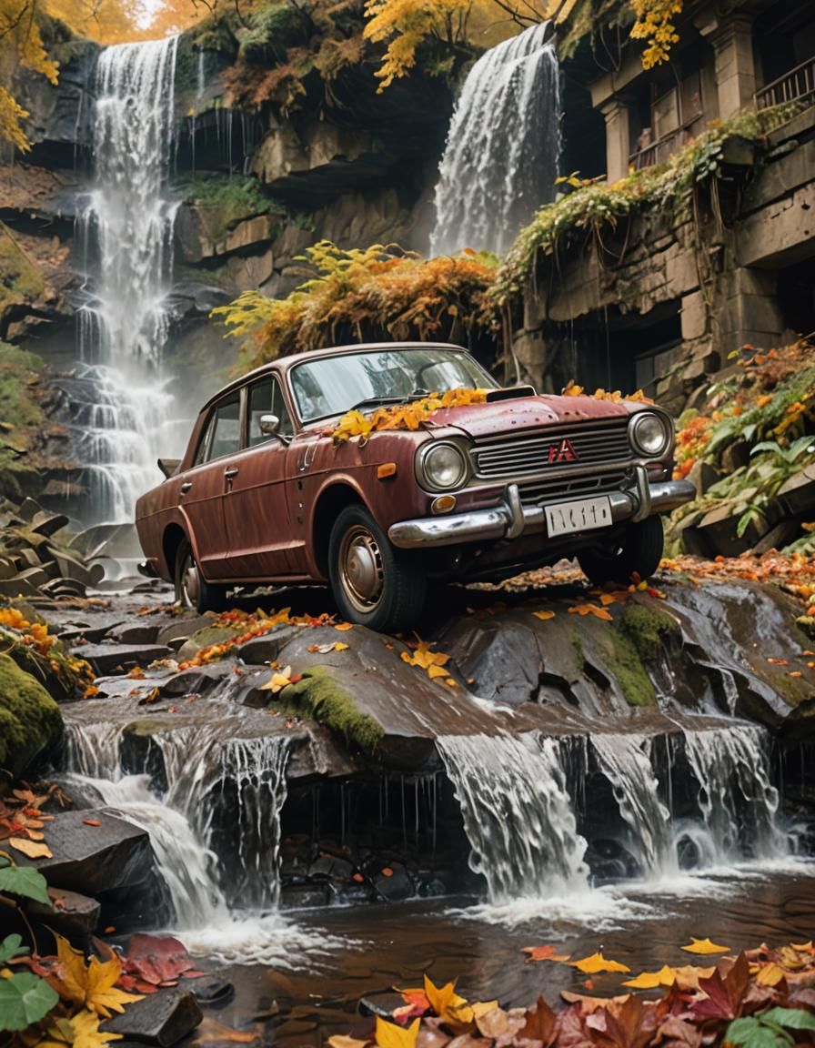 Clockwork Car Waterfall Scene in Abandoned City