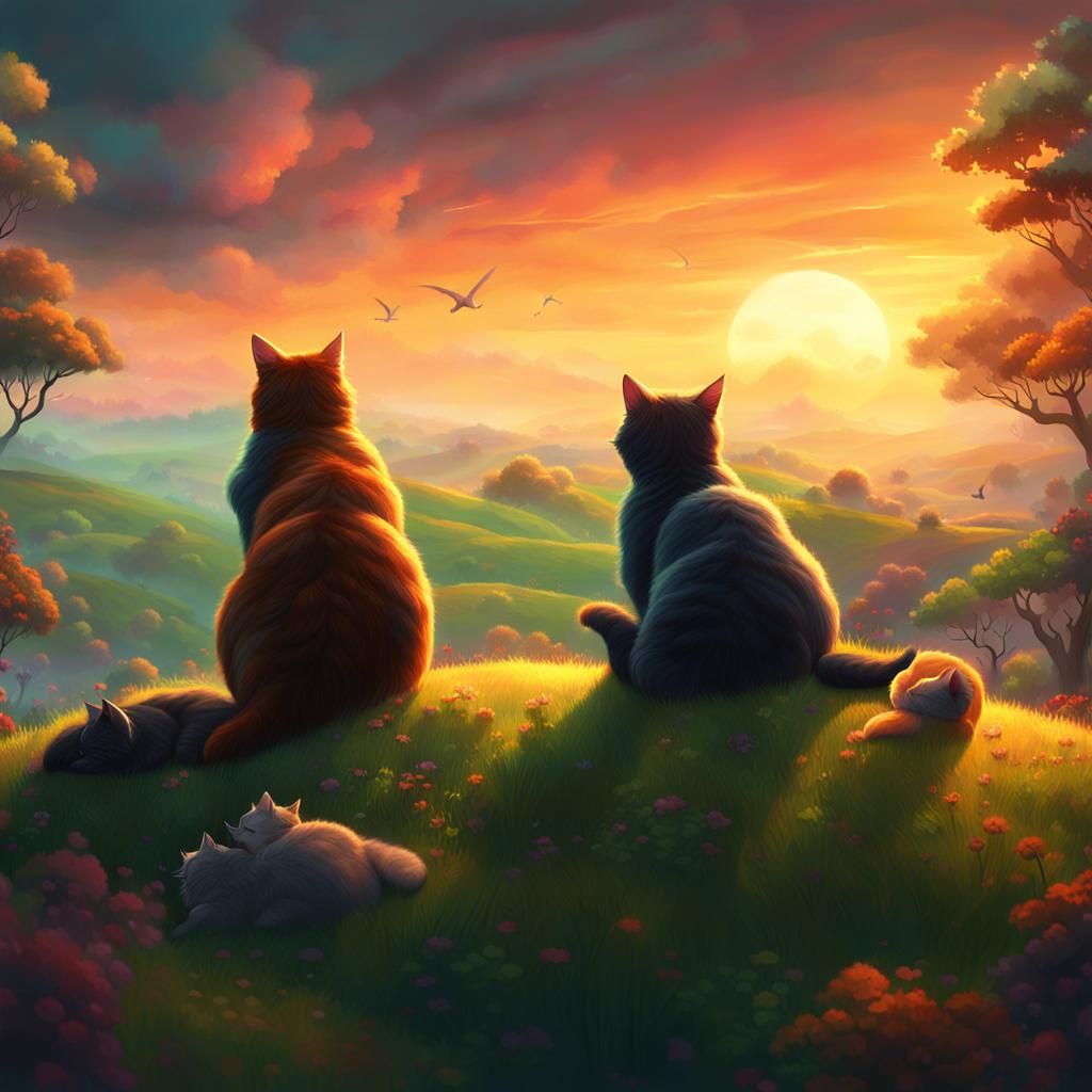 Fantasy Cats Watching Sunset on Green Hill