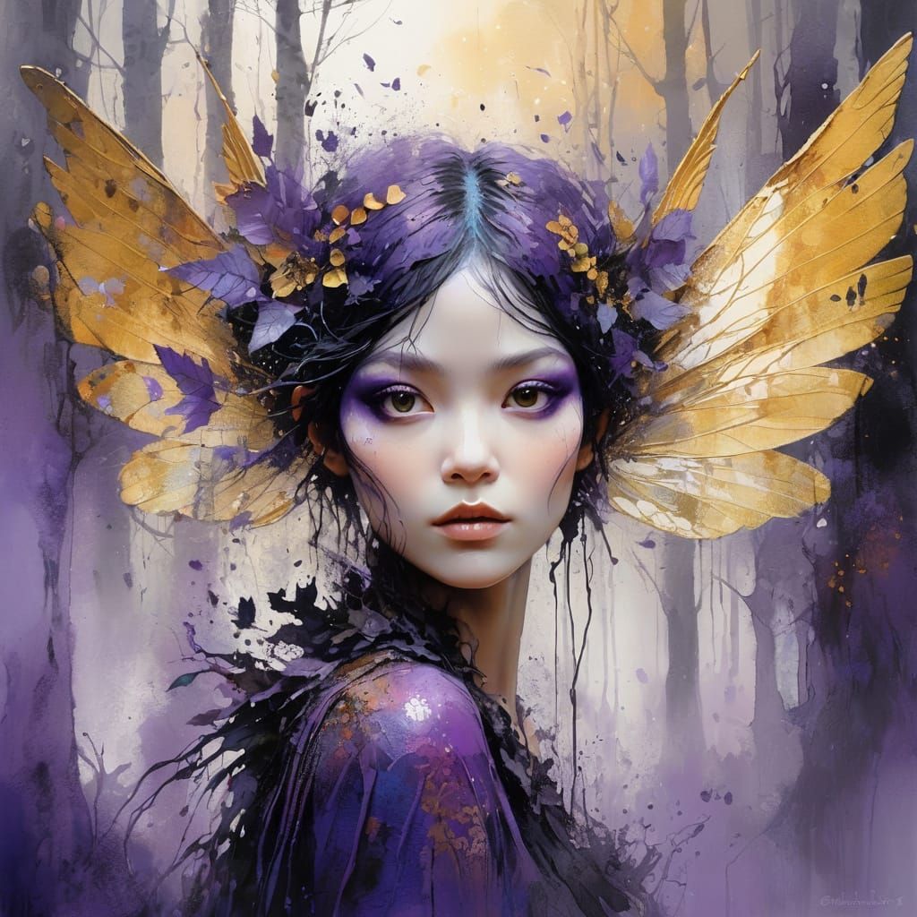 Fairy Portrait in Mist Forest with Ink Textures
