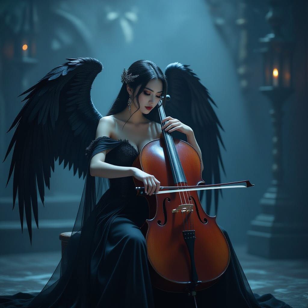 Asian Angel Musician with Obsidian Wings Playing Cello on Go...