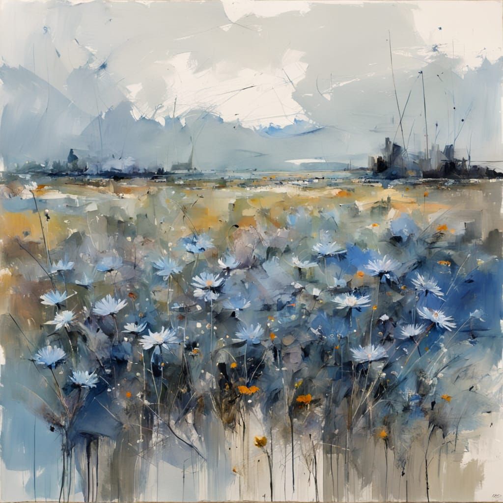 Abstract Expressionist Blue Asters in a Whirling Dance