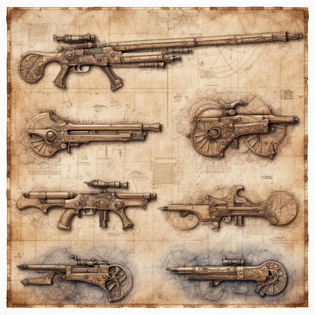 Ancient Weapon Blueprints in Da Vinci Style