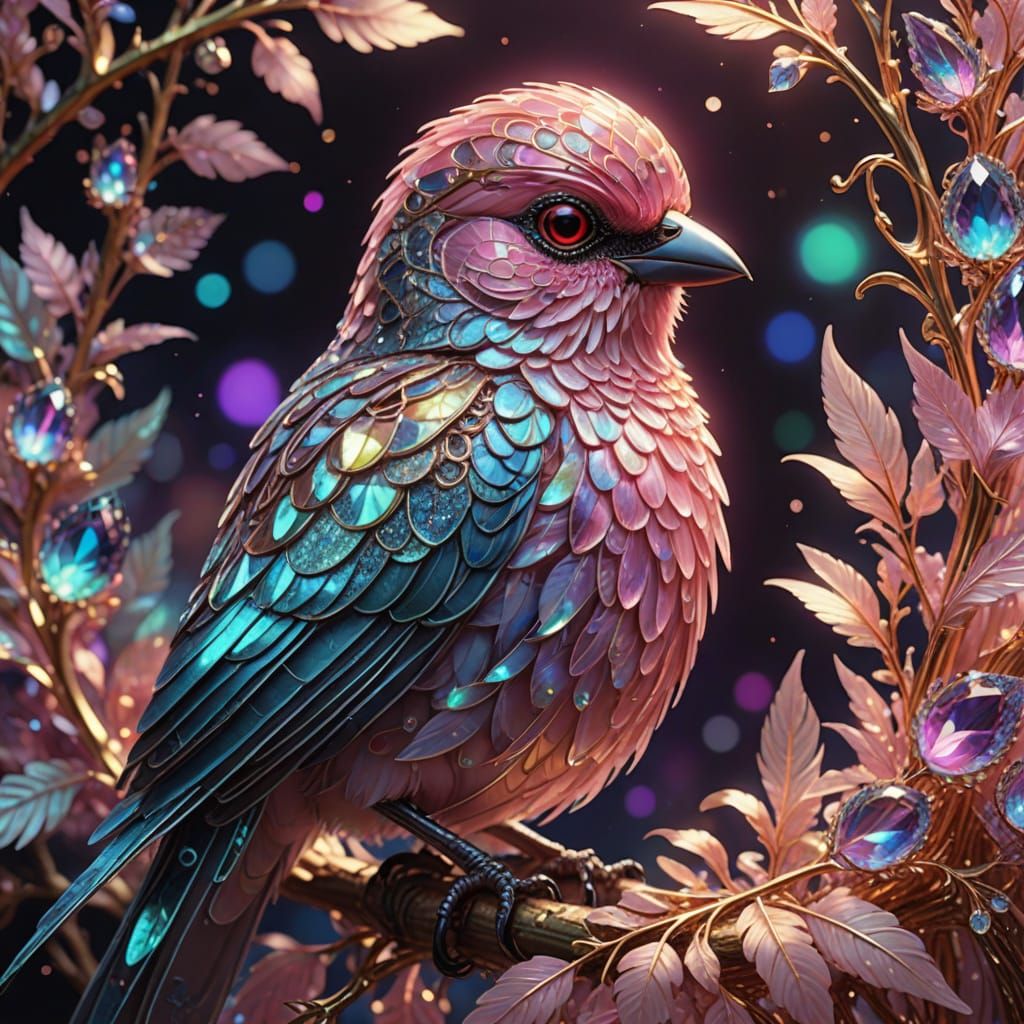 Sparkling Opal Bird with Amethyst and Gold Filigree