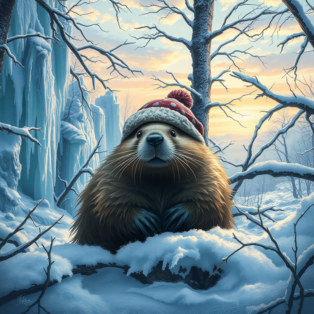 Beaver in Ushanka Hat in Winter Forest