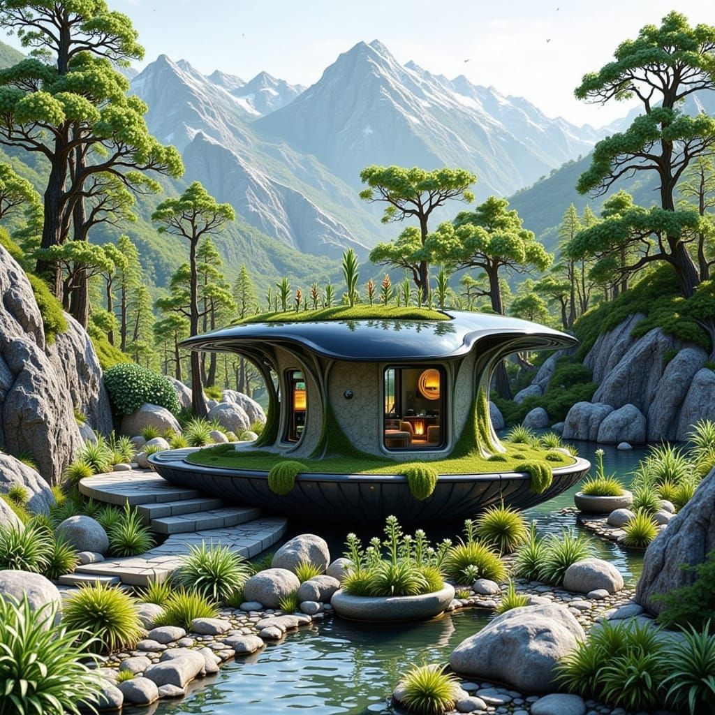 Surreal Eco House Masterpiece with Futuristic Gardens and Wi...
