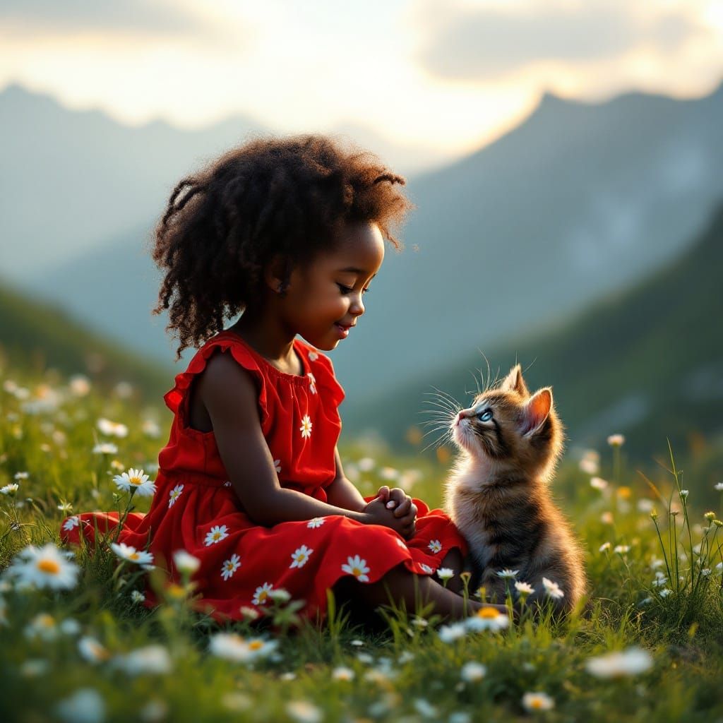 Dark Skinned Girl Plays with Adorable Tortoiseshell Kitten i...