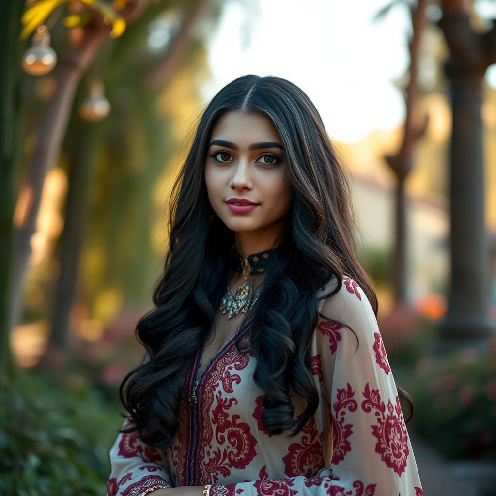 Elegant Woman in Whimsical Outdoor Setting, in Art Nouveau S...