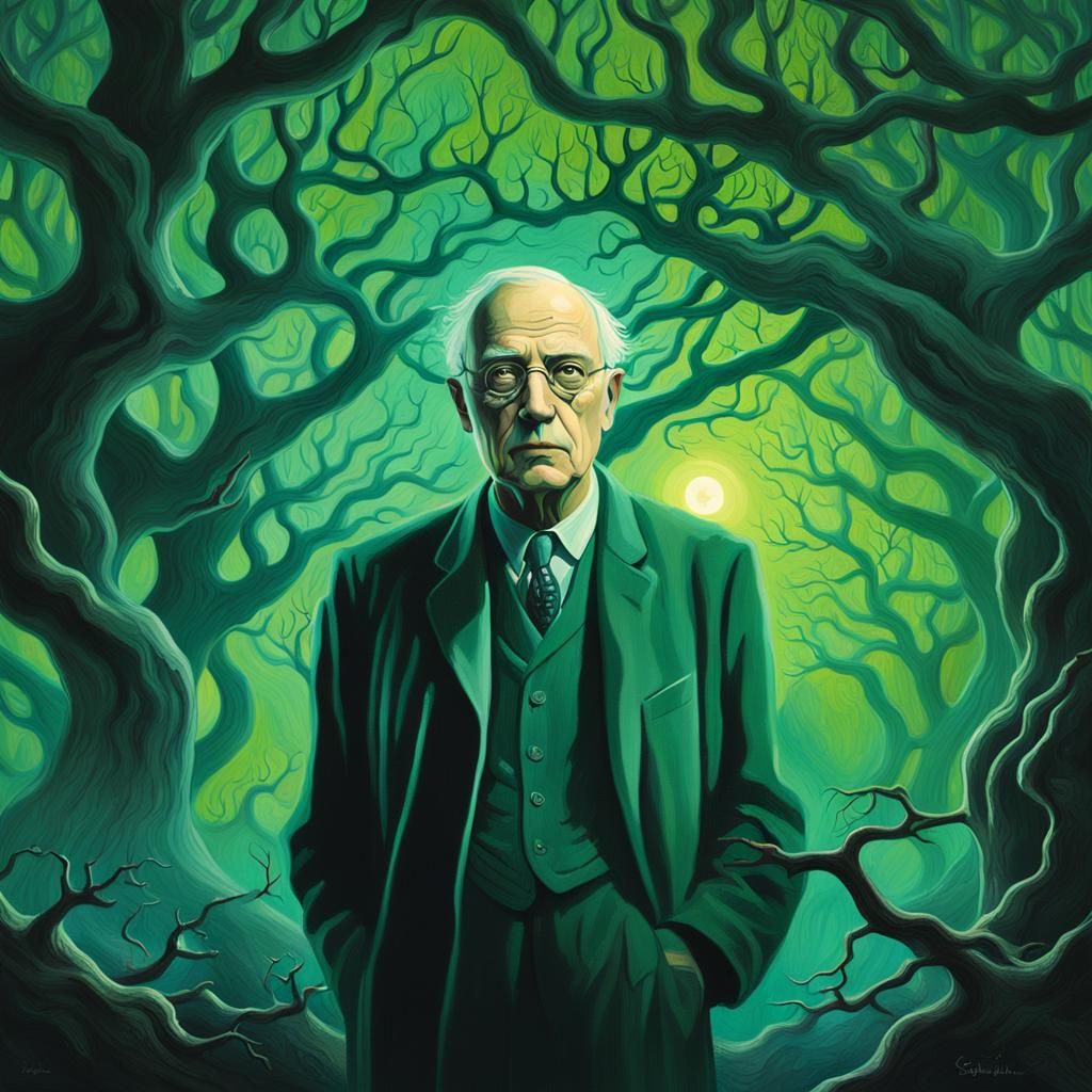 Carl Jung in a Dreamlike Forest, Shrouded in Mystic Mystery