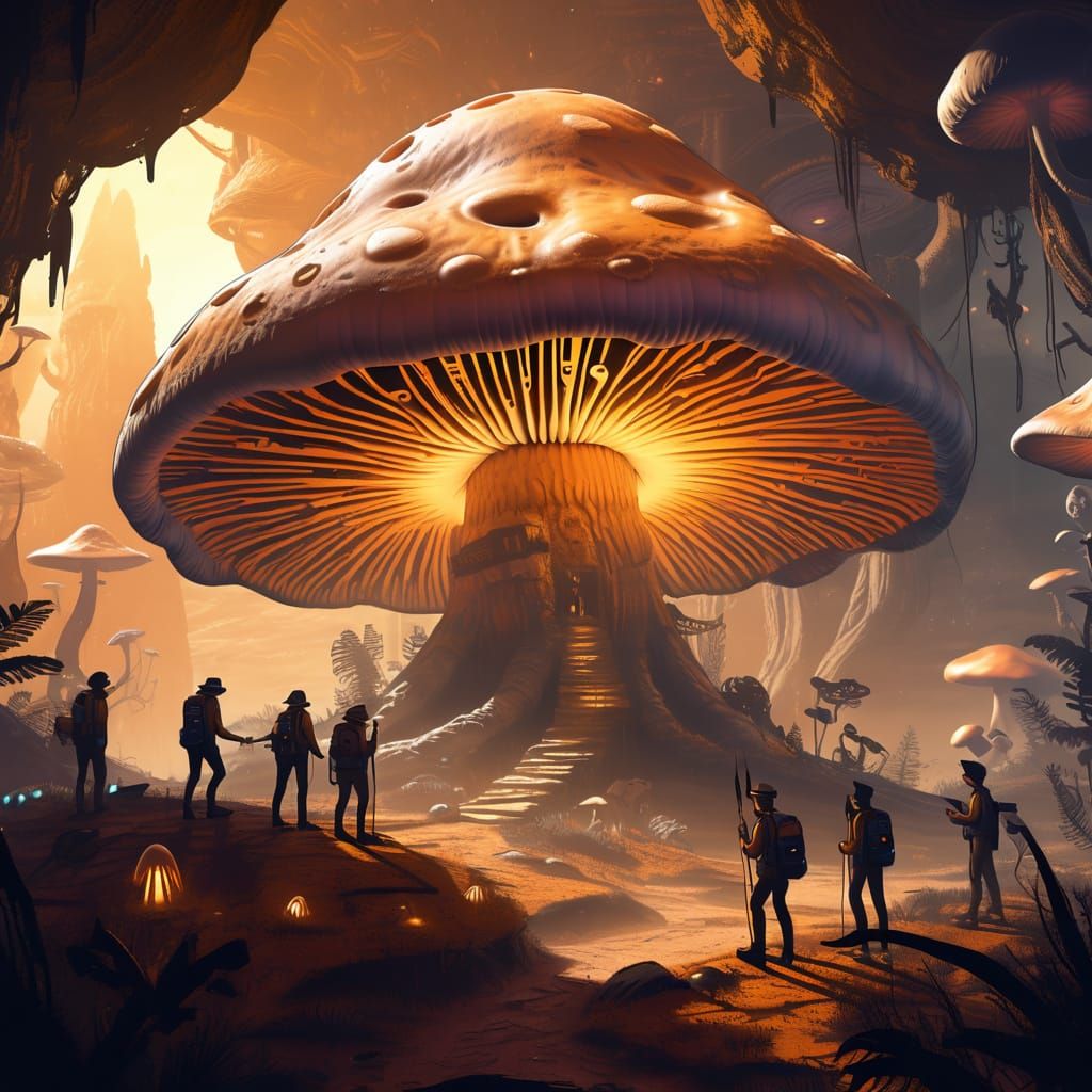 Alien Temple Discovery in Giant Mushroom, Pencil Sketch