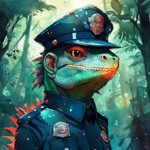 Iguana Depicted as a Policeman