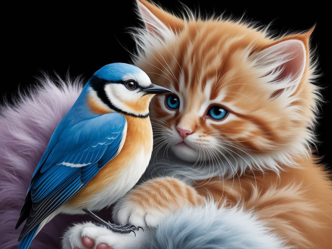 Ginger Kitten and Bluebird Snuggling in Pastel Colors