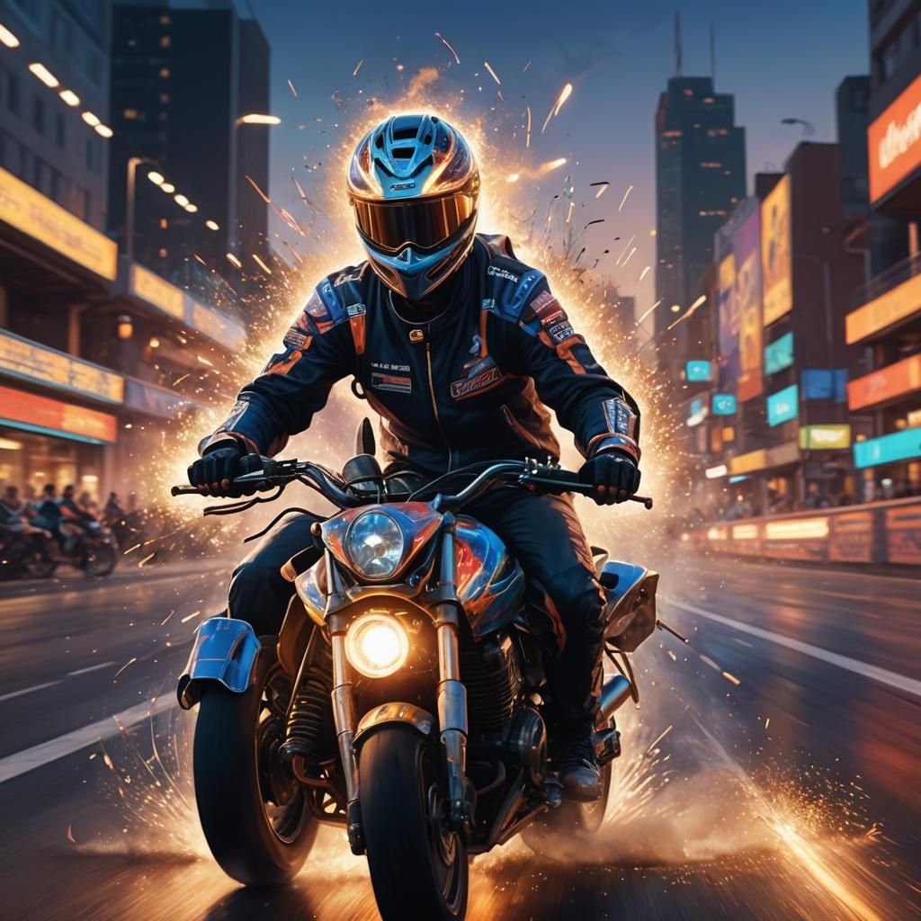 Dynamic Speedway Rider Portrait in Neon Cityscape