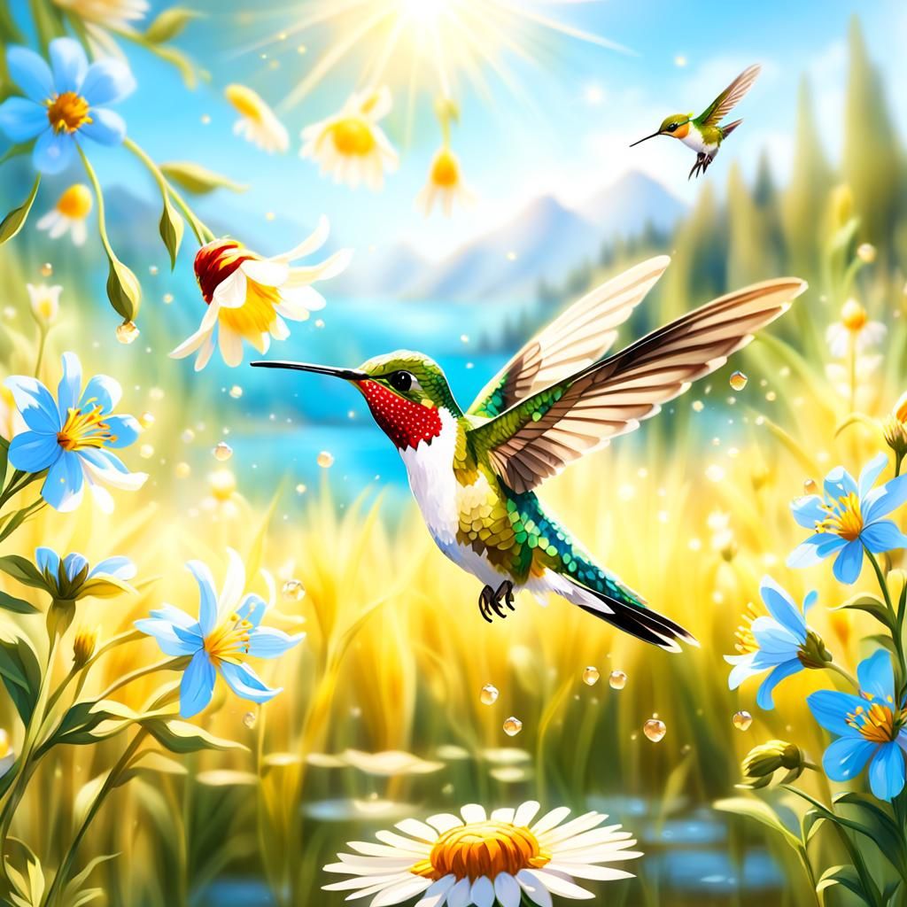 Hummingbird in Lush Meadow: Vibrant Oil Painting