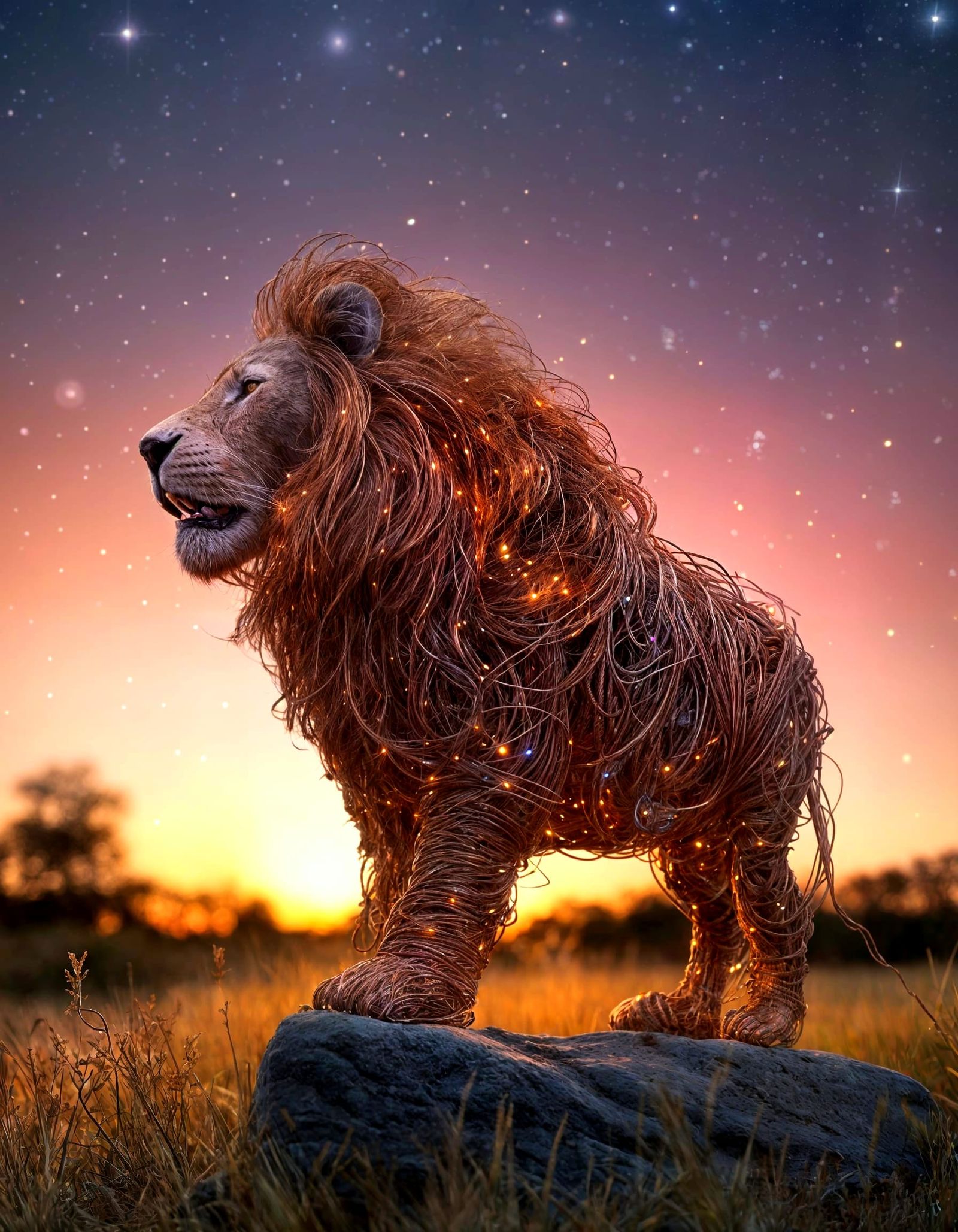 Lion Wire Sculpture on Savanna at Twilight