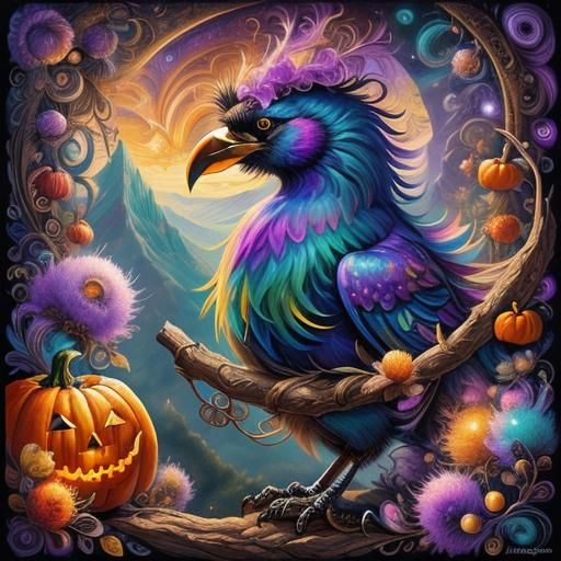 Colorful Raven with Pointy Hat in 8-bit Digital Art