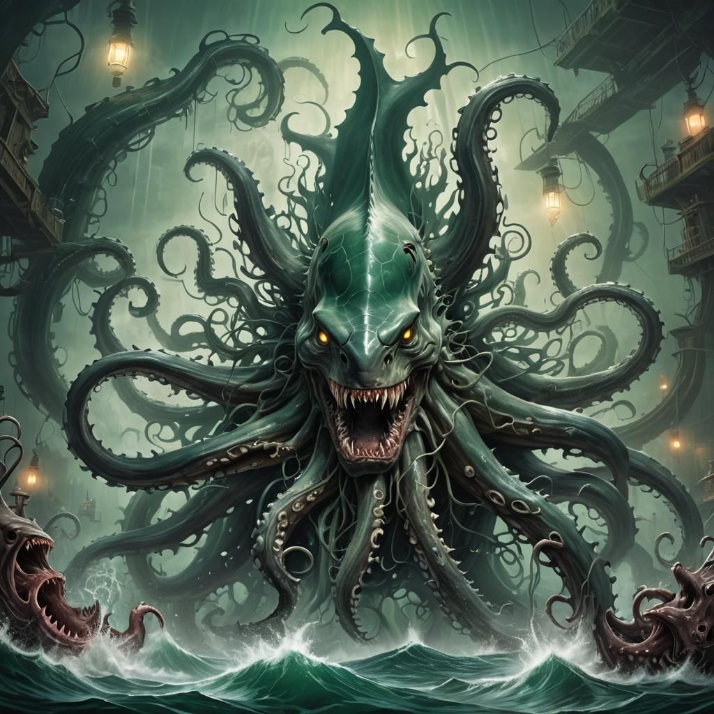 Terrifying Shark-Octopus Fusion in Dark Biomechanical Style