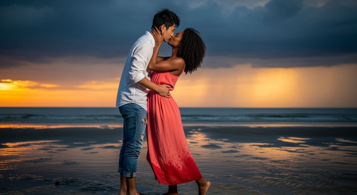 Romantic Sunset Kiss in Cinematic Realism