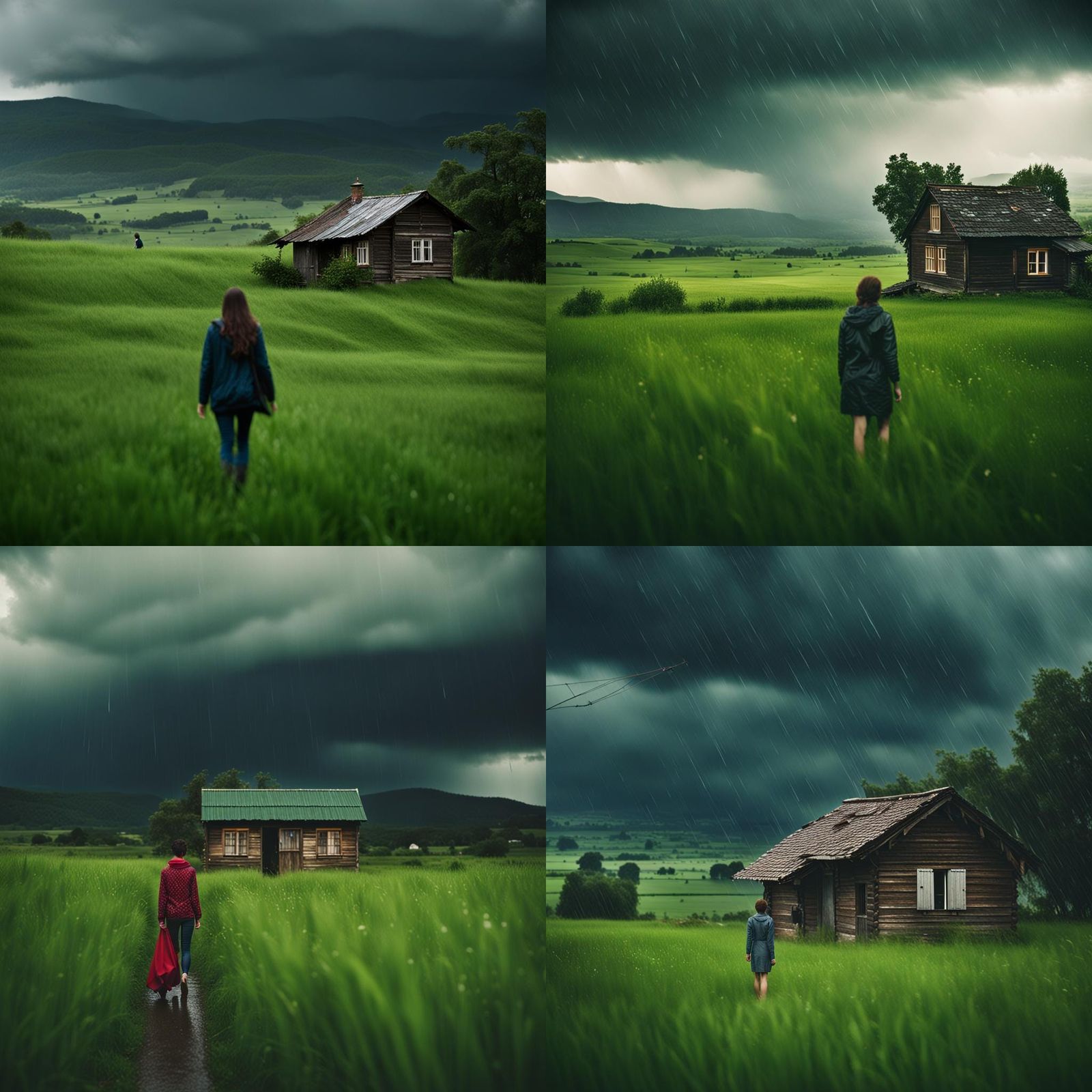 Woman in Valley During Heavy Rain and Thunderstorm