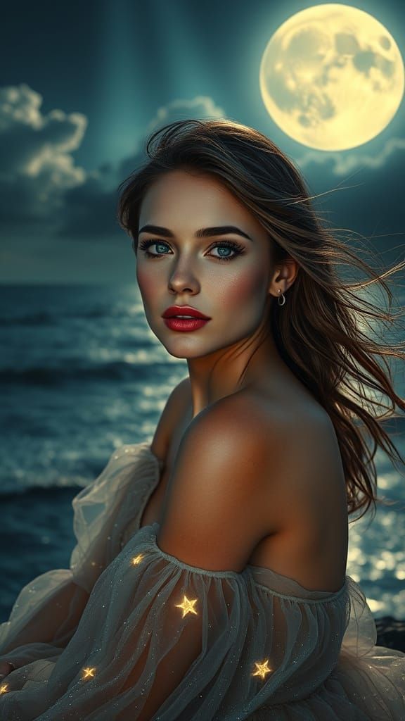 Moonlit Woman by the Ocean: Photorealistic Portrait