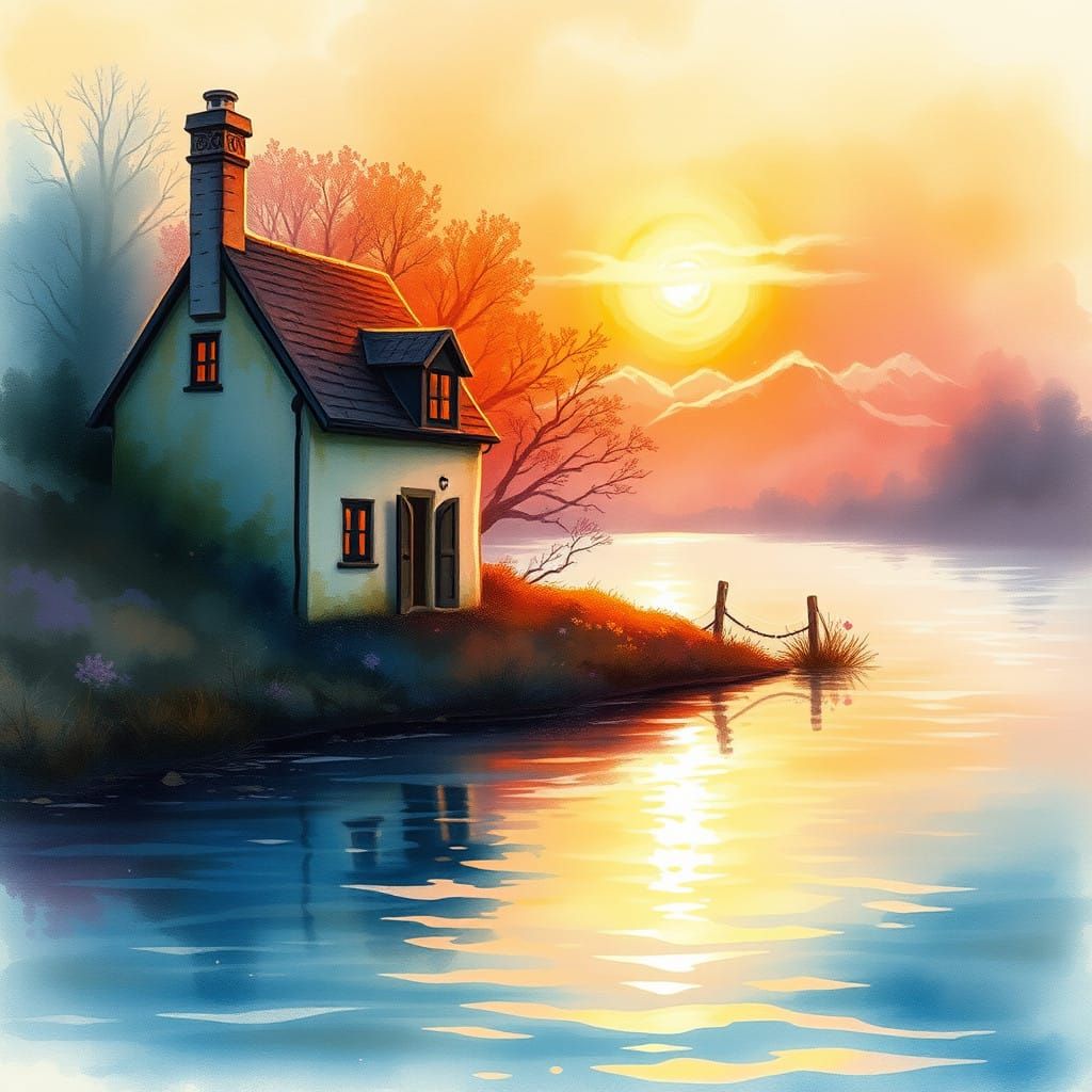 Whimsical Watercolor House at Sunset