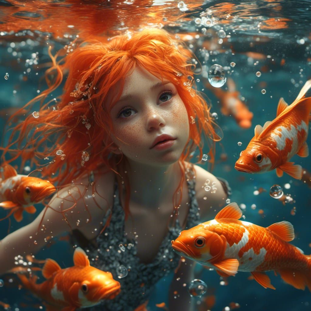 Koi Mutant Girl in Pond at Sunset