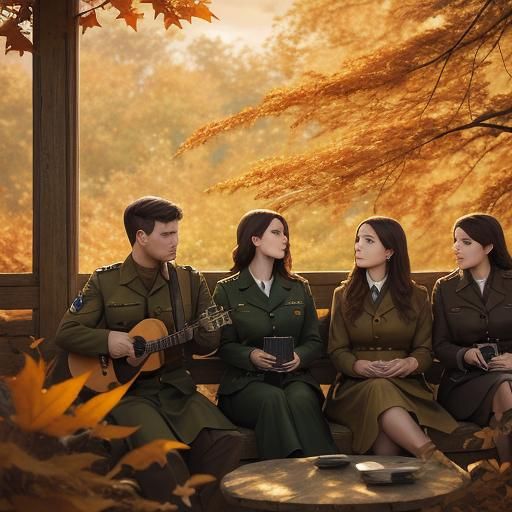 Soldiers Listen to Harmonica Player in Autumn