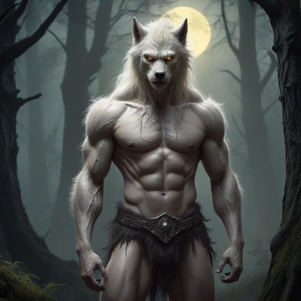 Majestic Blond Fur Werewolf in Misty Moonlit Forest