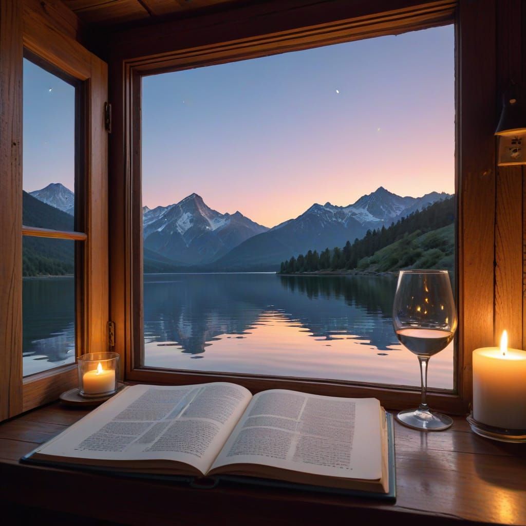 Rustic Mountain Lake Scene at Dusk in a Cozy Cabin Setting