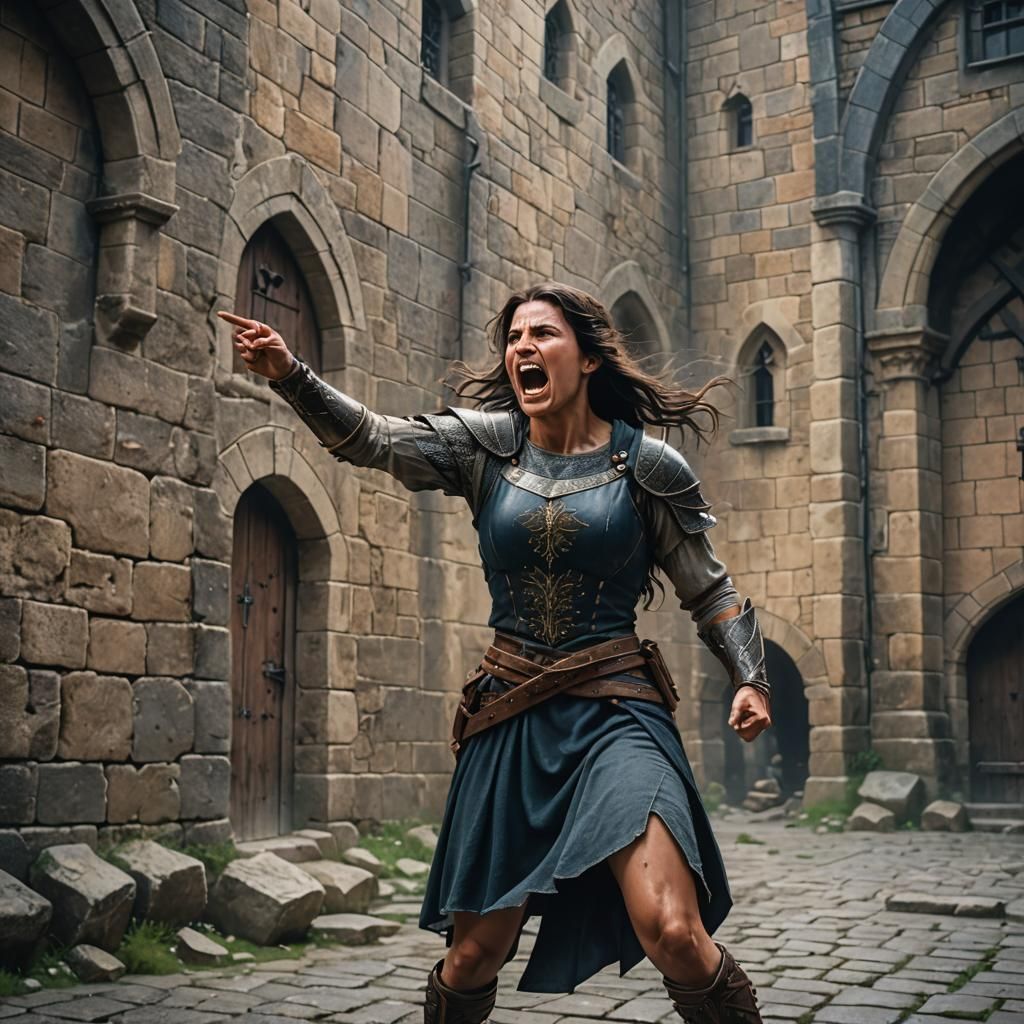 Medieval Woman Shouting at City Defenders