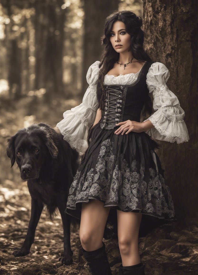 Raven haired beauty and her dog