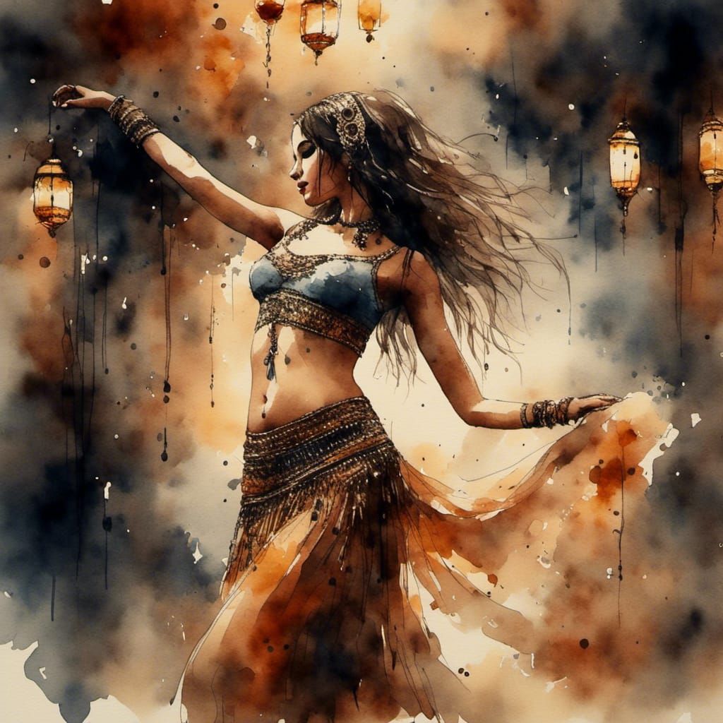 Belly Dancer in Nightclub: Watercolor Impasto Painting