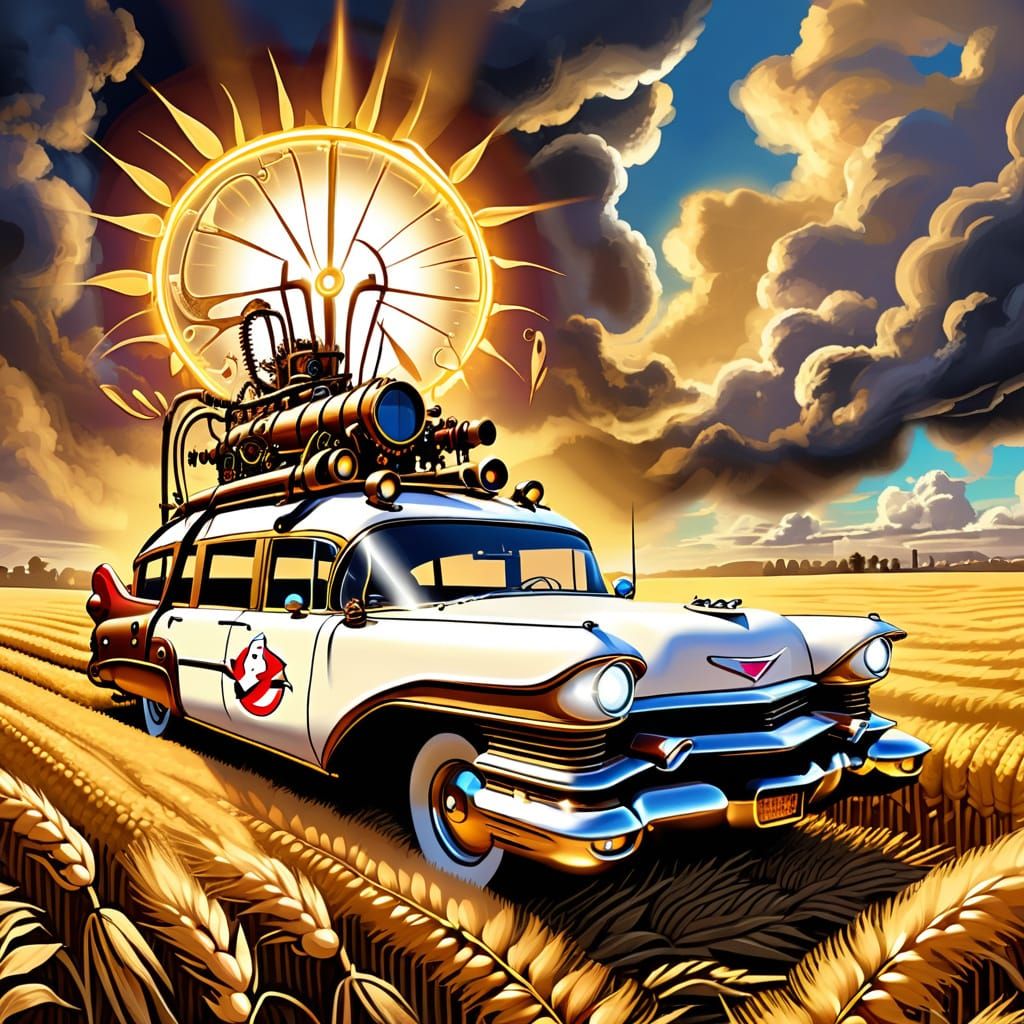 Steampunk Ecto-1 Car in Autumn Wheat Field