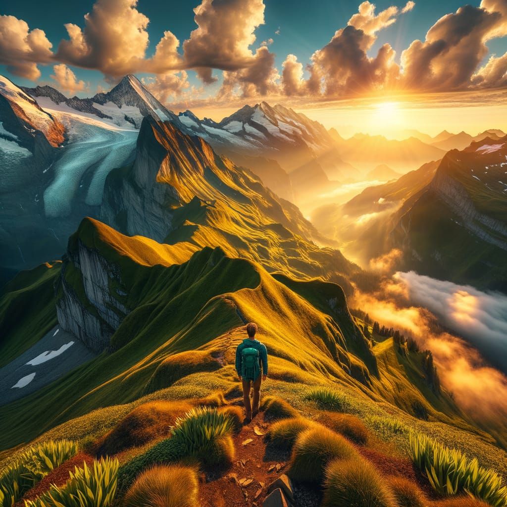 Sunrise Hiker in Swiss Alps Majestic Mountain Vista