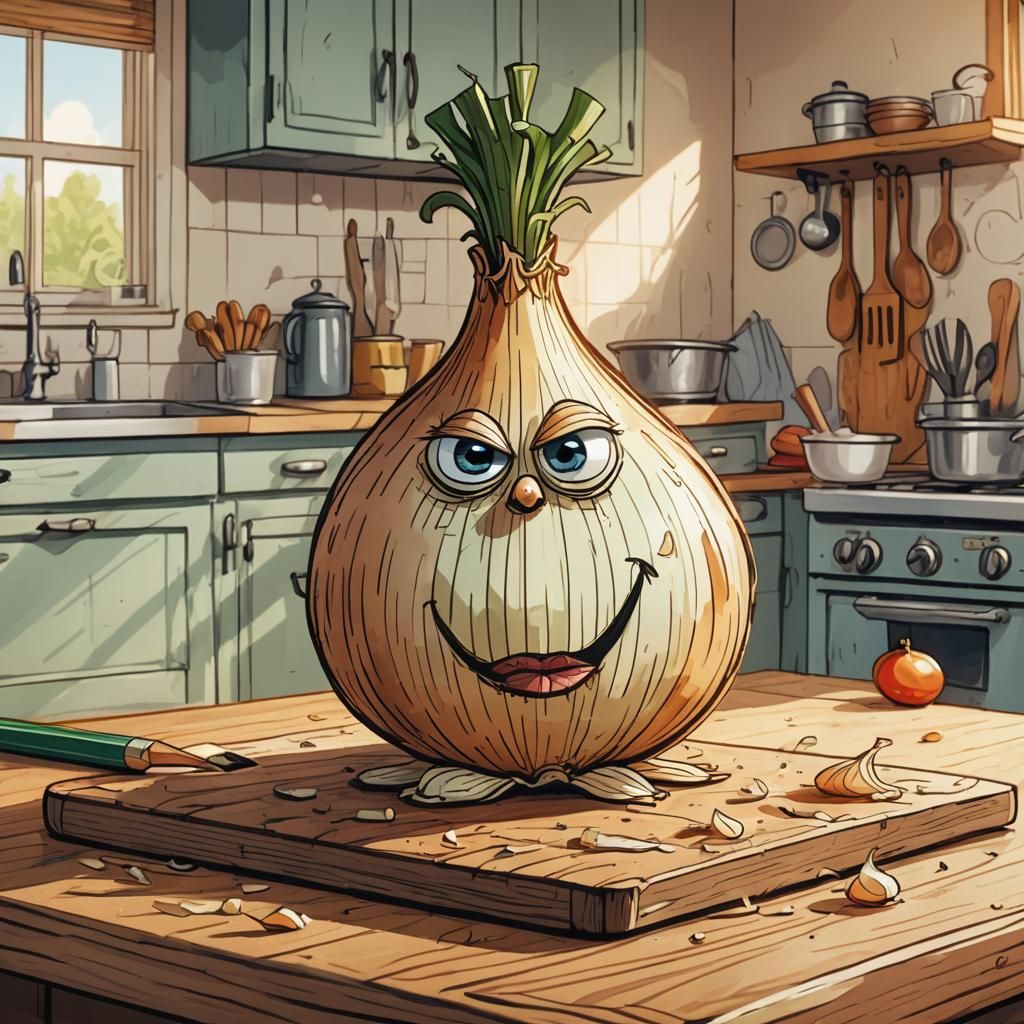 Sad Cartoon Onion in Kitchen, Digital Art