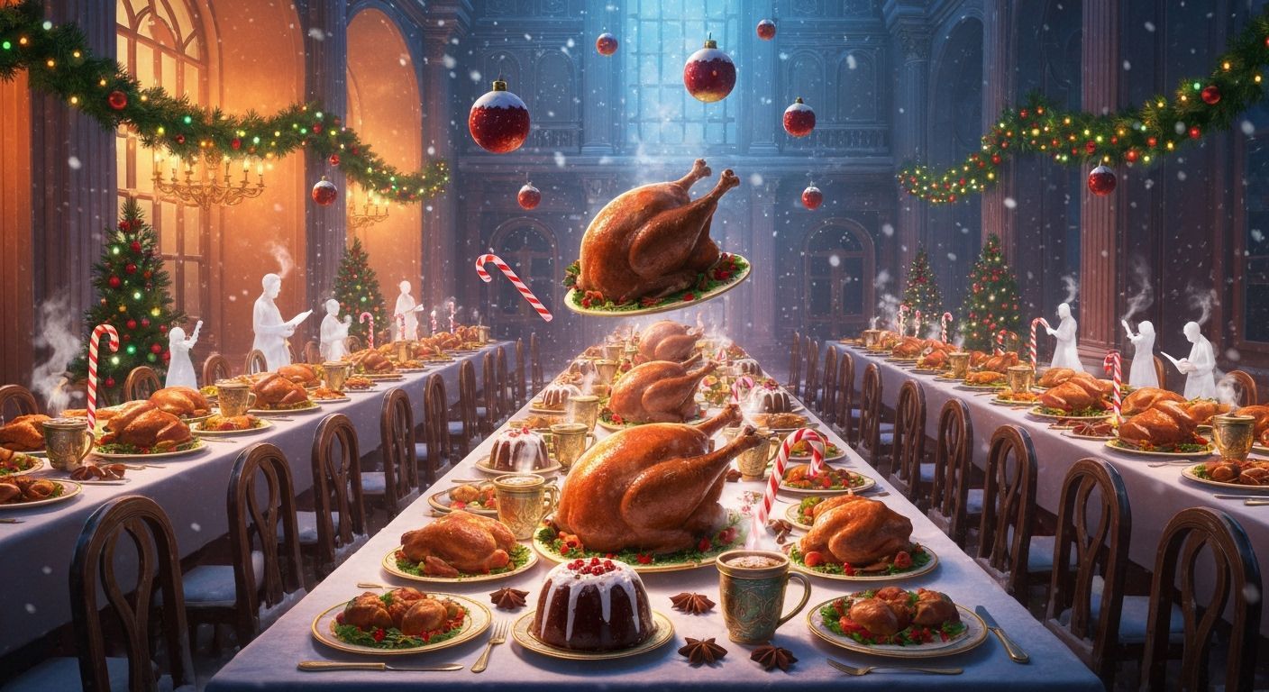 Magical Christmas Feast in Snow-Dusted Hall