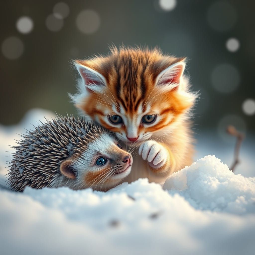 Whimsical Kitten in Snowy Wonderland with Hedgehog