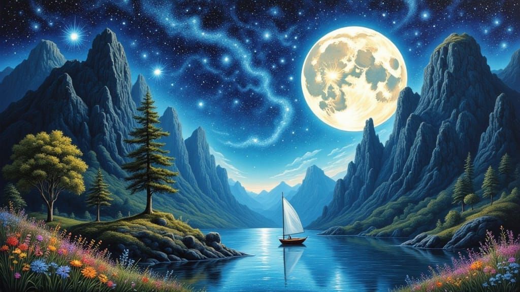 Moonlit Sailboats Between Mountains: Impressionist Oil Paint...