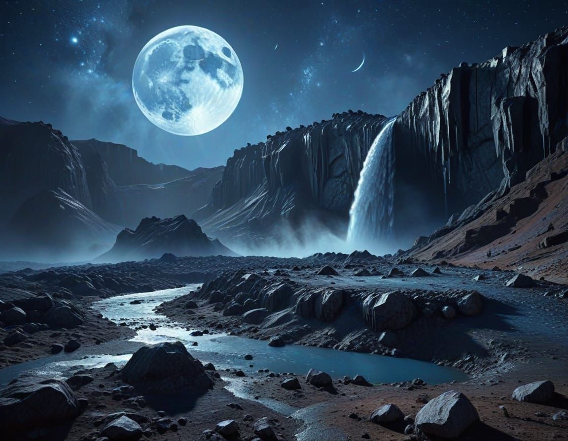 Lunar Waterfall in Low-Poly Art Style