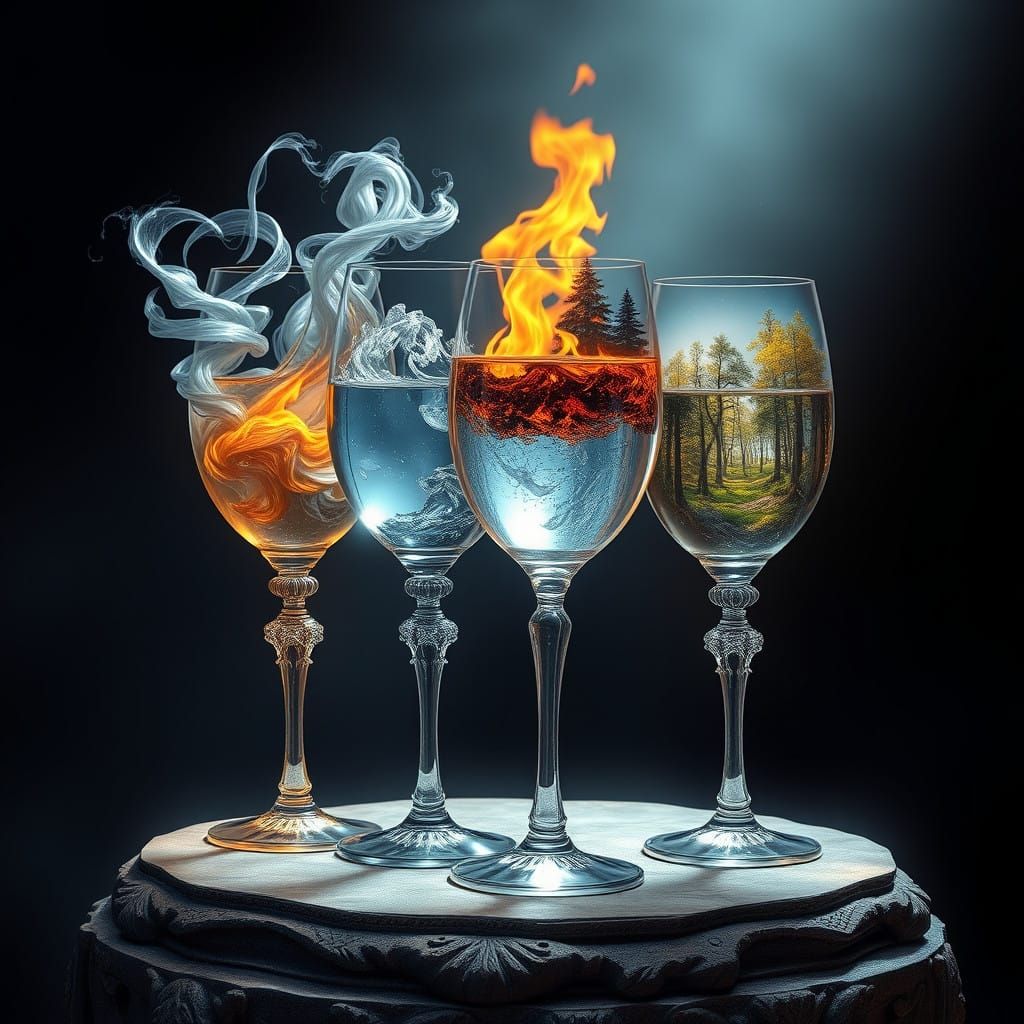 Ornate Wine Glasses Containing Elements in Dreamlike Wonder
