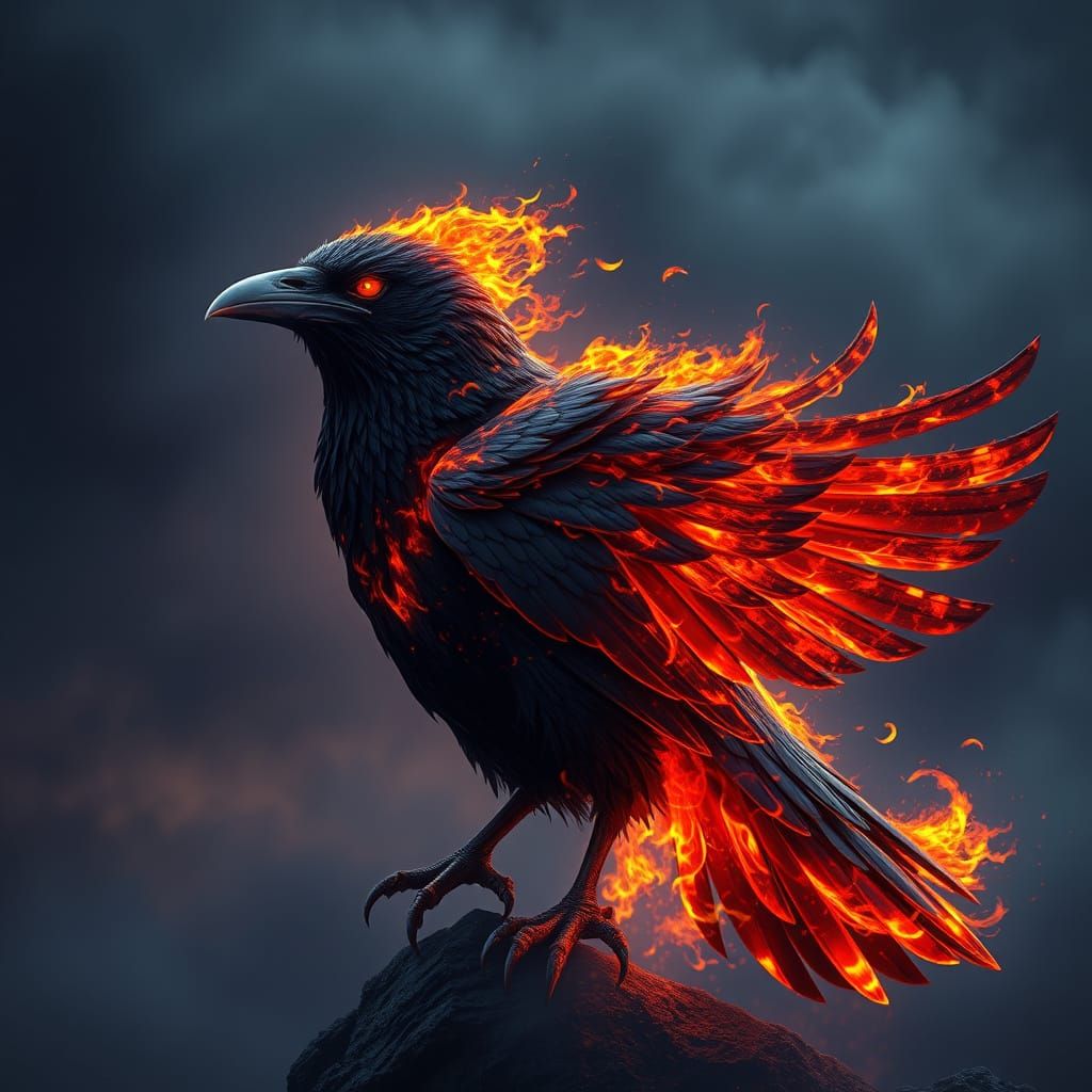 Majestic Raven Forged from Living Flames