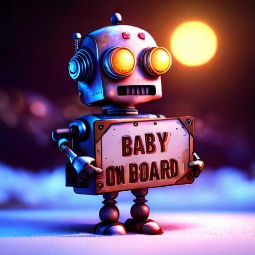 Robot holding a sign, "BABY ON BOARD"