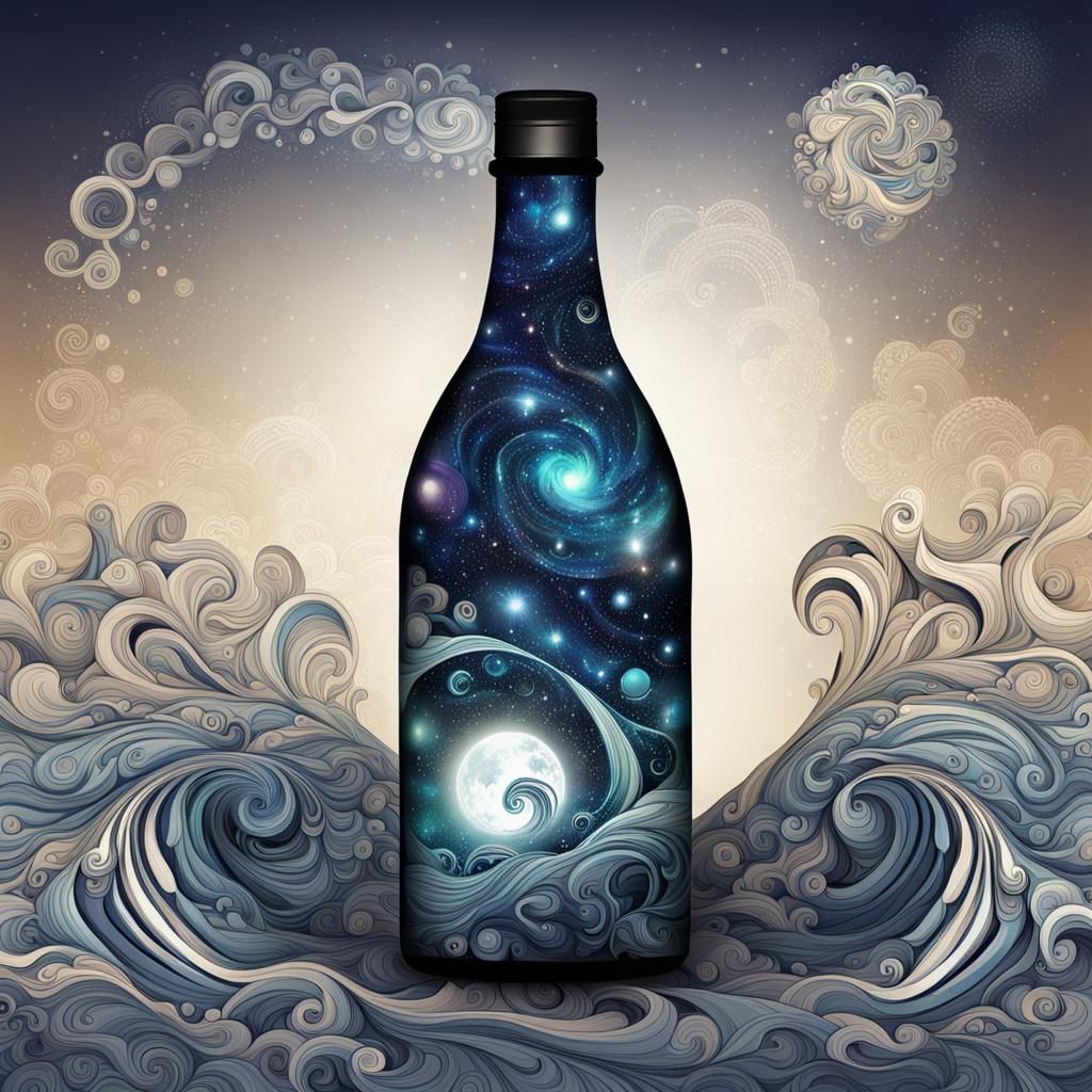 Galaxy in a Bottle on Beach with Fractals