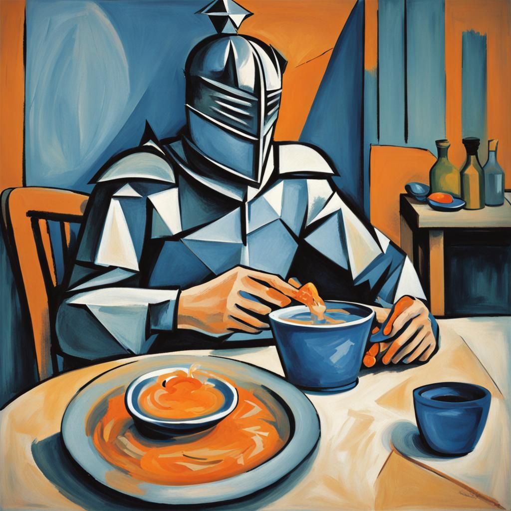 Cubist Knight in Leisure Suit Eating Soup