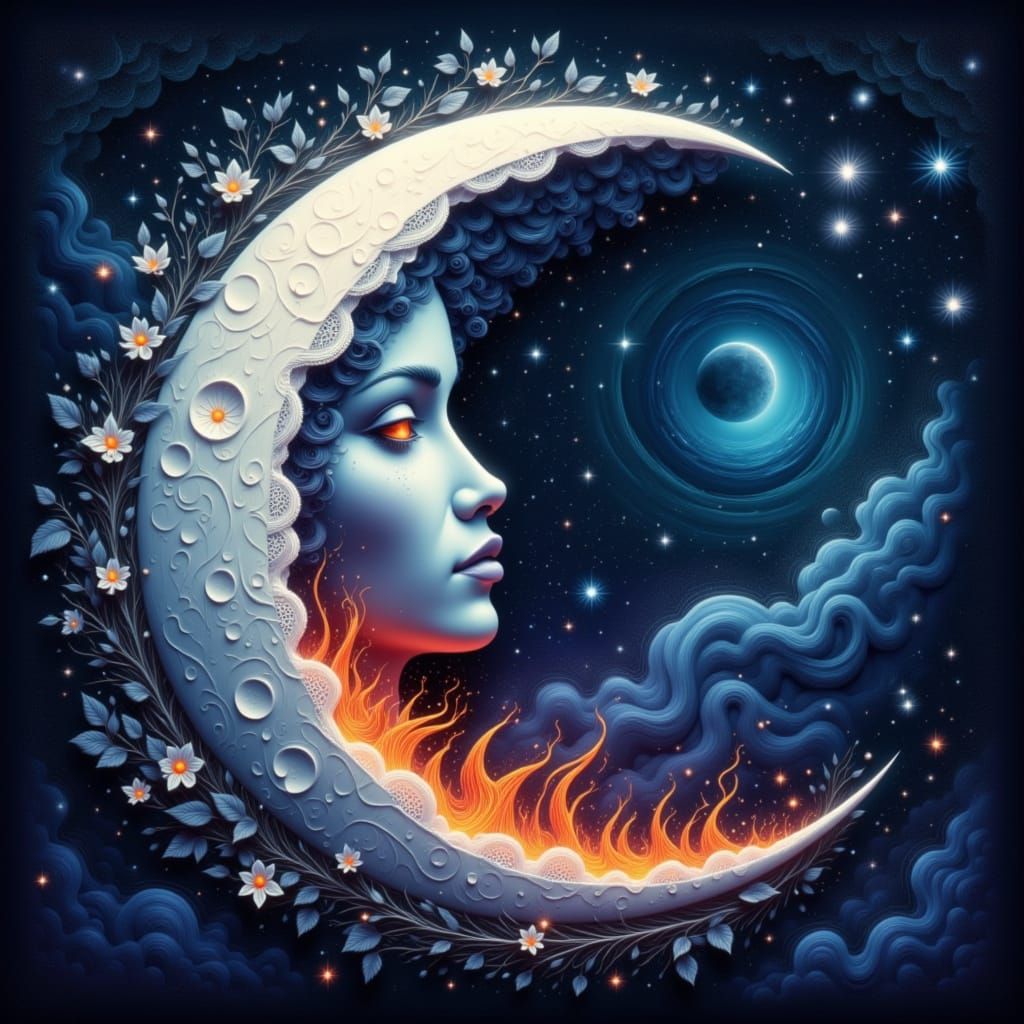 Crescent Moon Weeps Fiery Tears in Astral Sky
