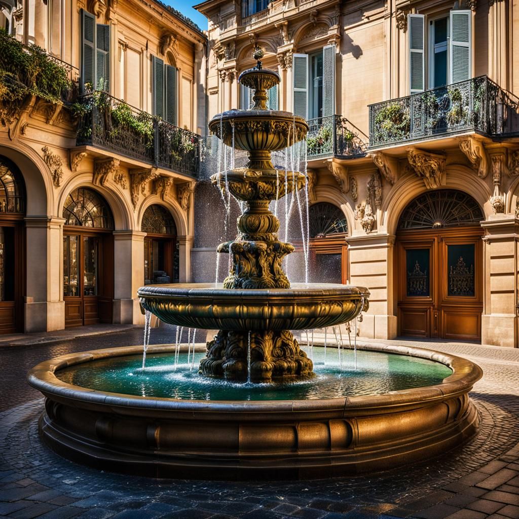French Renaissance Courtyard Fountain in Golden Light