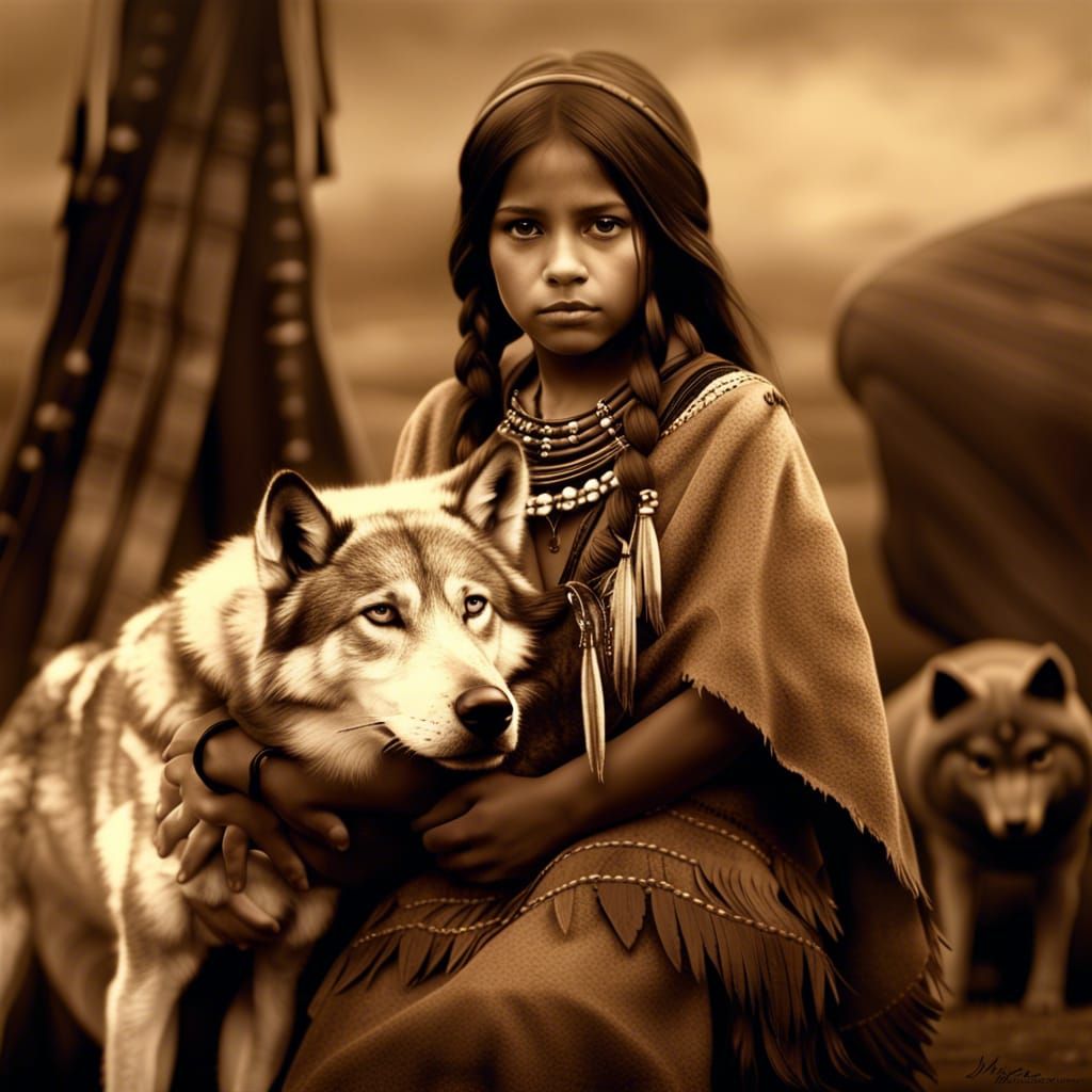 Native American Girl with Wolf Pup in Sepia