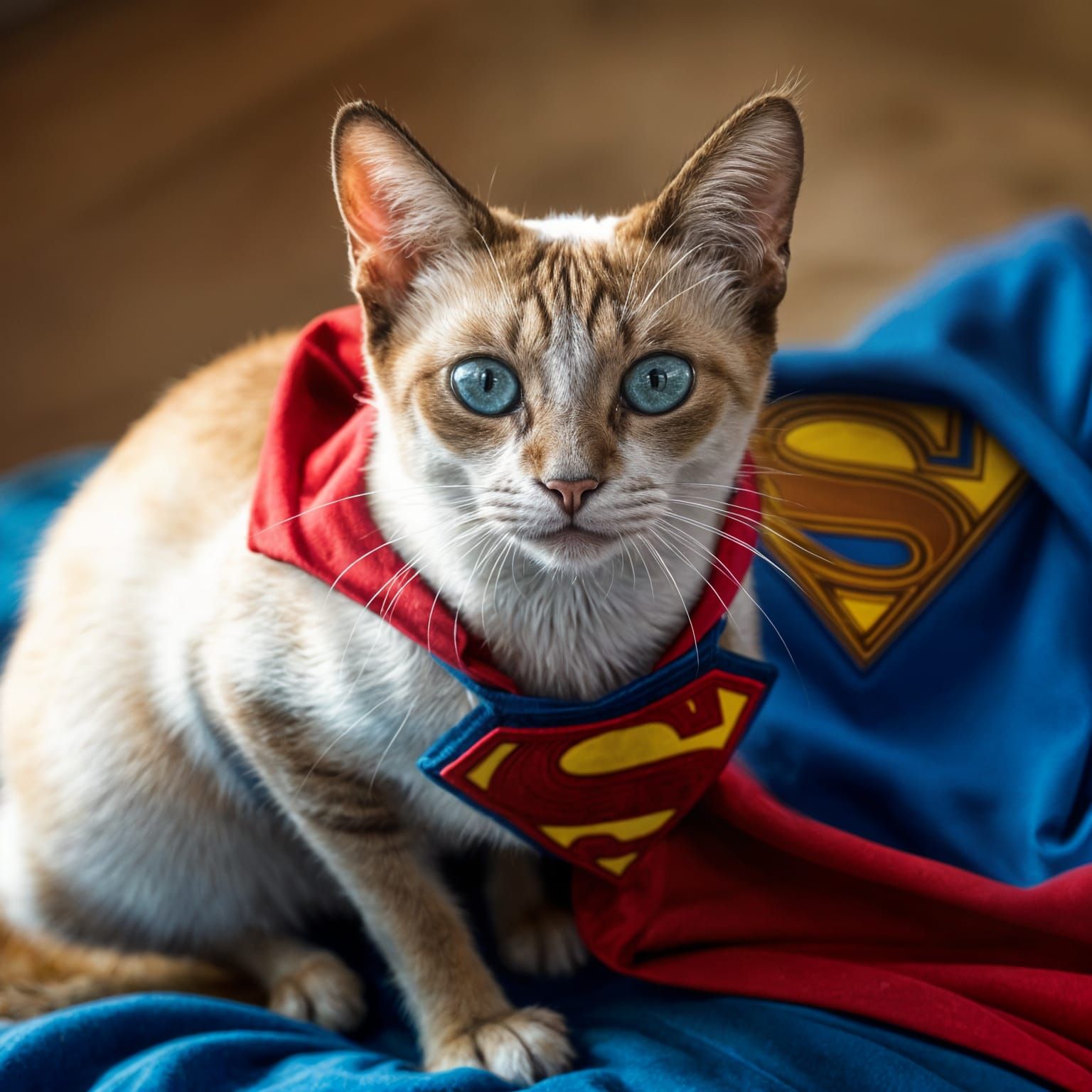 A photorealistic image of a Siamese cat wearing a Superman c...