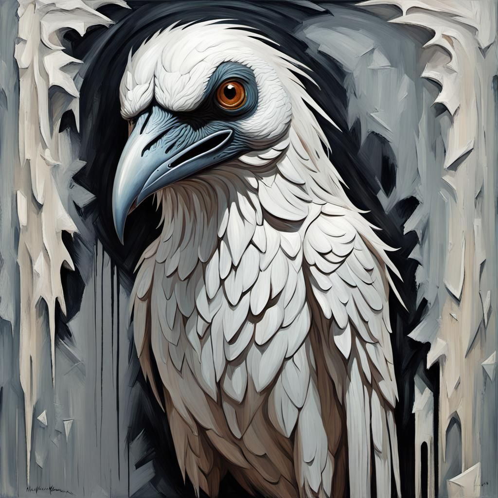 Grotesque White Raven in Gothic Impasto Style