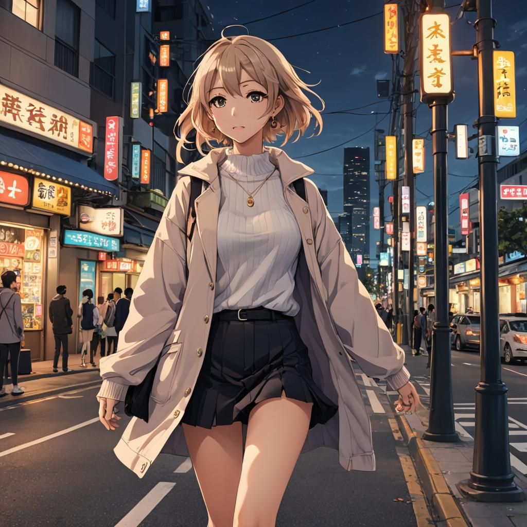 Anime Style College Student at City Stoplight