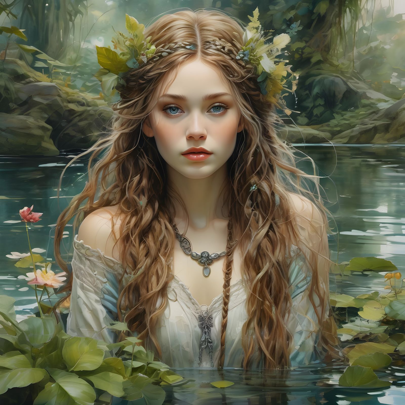 Botticelli-Inspired Norse Goddess in a Lush Water Garden